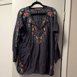 Johnny Was Charcoal Tunic with Multicolor Floral Embroidery
